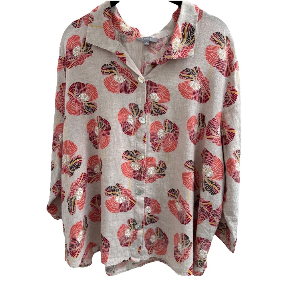 Habitat Floral Tan Linen Blend Button-Up Blouse Orange Button Pleat Back Boho XL